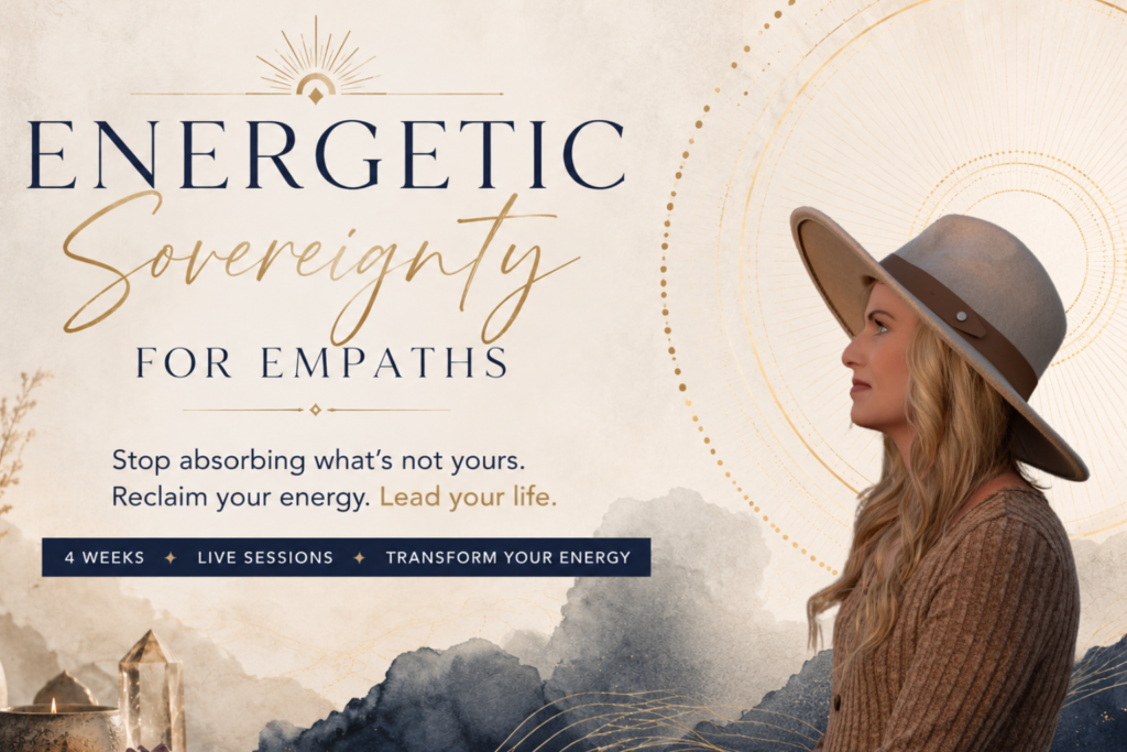 Promotional banner for 'Energetic Sovereignty for Empaths' with a woman in a hat on the right and gold circular motifs.