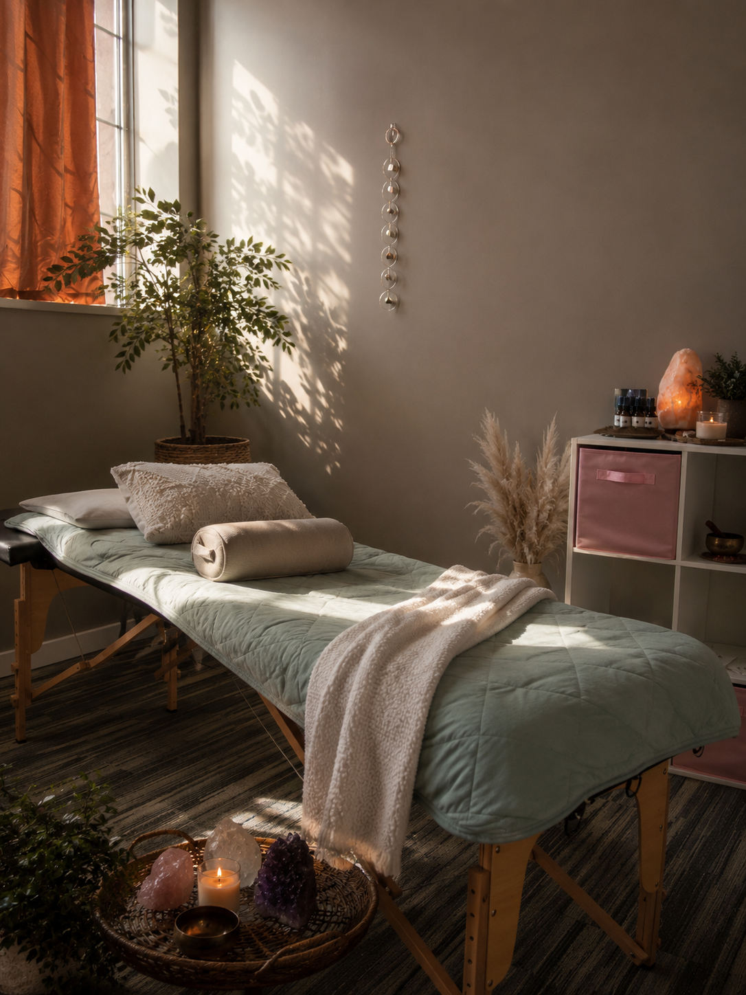 A cozy massage therapy room with a pale-green massage table, soft pillows, a white blanket, and warm sunlight filtering through orange curtains and plants nearby.