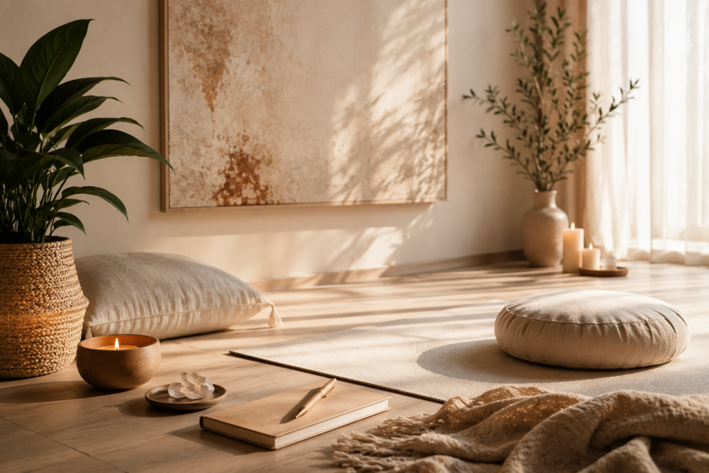 Sunlit meditation corner with a round beige floor cushion, a beige rug, potted plants, and lit candles on a wooden floor.