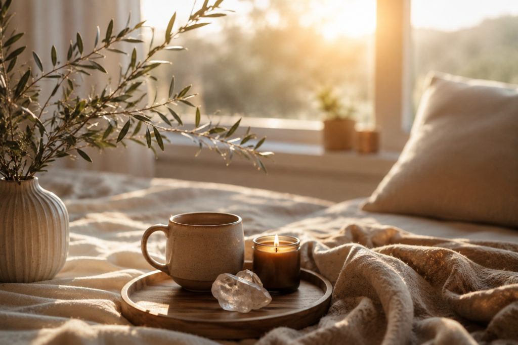 Cozy bedroom scene with a ceramic mug, a lit candle, and a crystal on a wooden tray atop a soft blanket by a sunlit window.