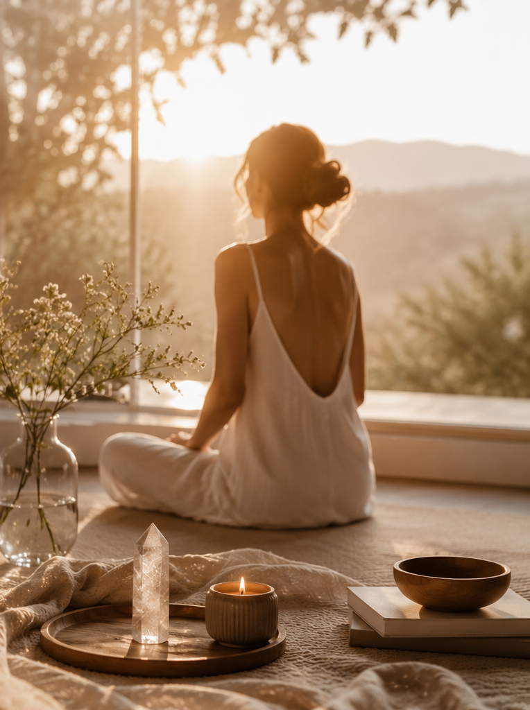 Serene meditation scene: woman in a white backless outfit sits cross‑legged by a sunlit window, candle and crystal in the foreground.