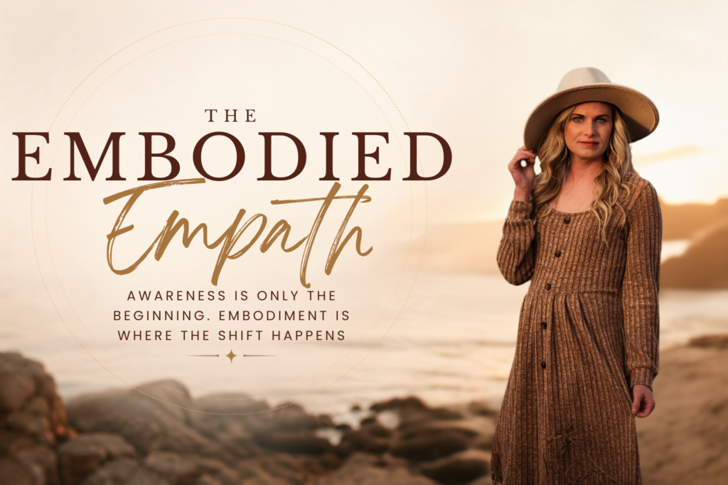 Promotional banner for The Embodied Empath featuring a woman in a brown dress on a sunset beach.