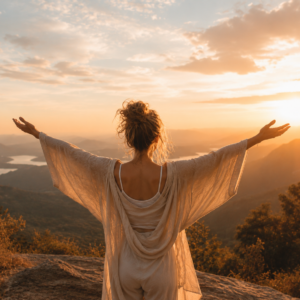 Woman standing on a hilltop at sunset with arms outstretched, facing a valley.