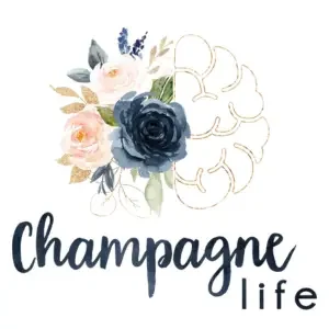 Watercolor bouquet logo with pink and navy roses and the text 'Champagne life'.